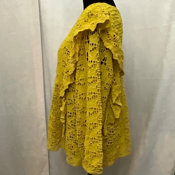 Anthropologie Yellow Lace Ruffle Blouse Women’s 14 Boho Chic Crochet Eyelet Top - Picture 4 of 12